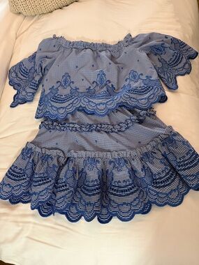 Alexis   Blue Embroidered Off-Shoulder Casual Dress Set